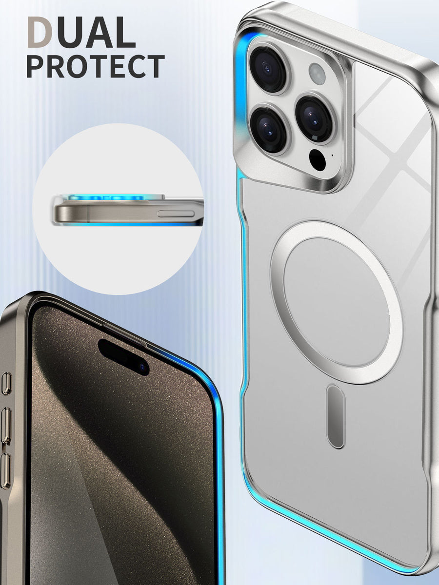 Close-up of clear iPhone case edge with silver frame and MagSafe ring