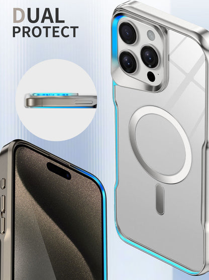 Close-up of clear iPhone case edge with silver frame and MagSafe ring