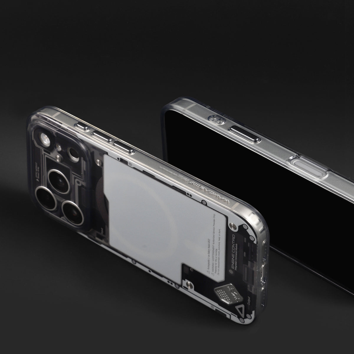 Black see-through case lying flat, side profile