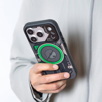 Hand holding the black and green case