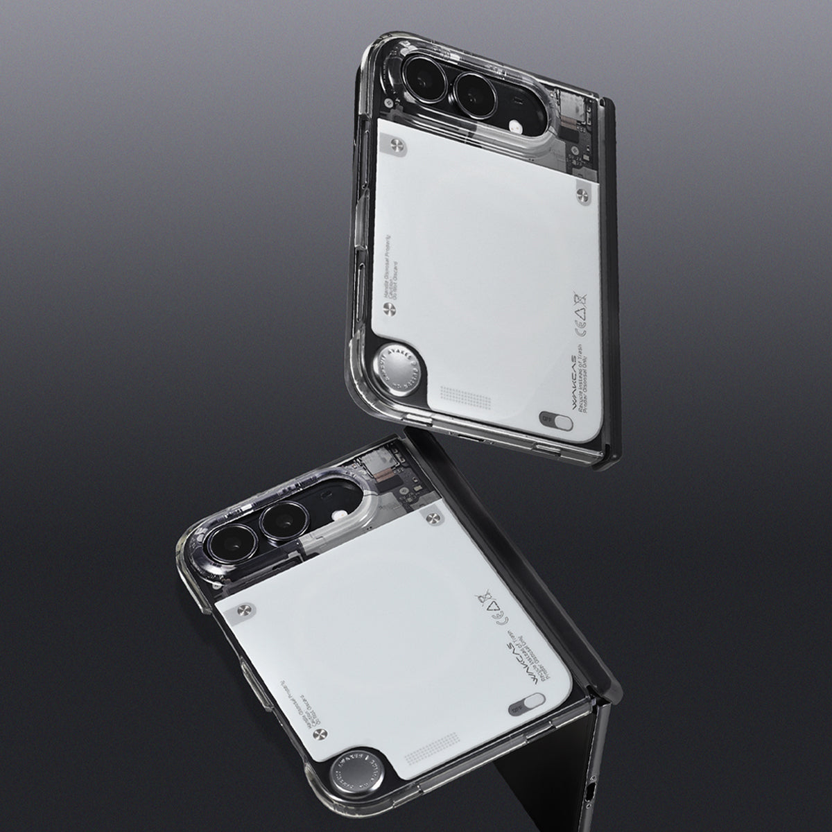 Two iPhone Duo phones in the gloss see-through case floating on a dark background