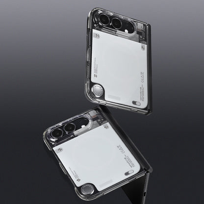 Two iPhone Duo phones in the gloss see-through case floating on a dark background