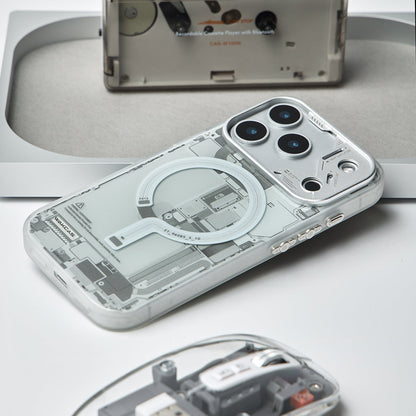 Grey circuit board case lying flat, showing the magnetic ring graphic