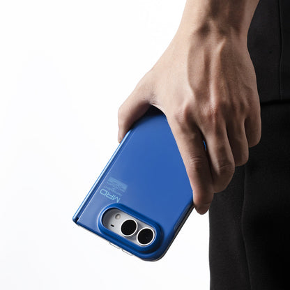 Hand carrying an iPhone Duo in the matte blue case, camera at the bottom