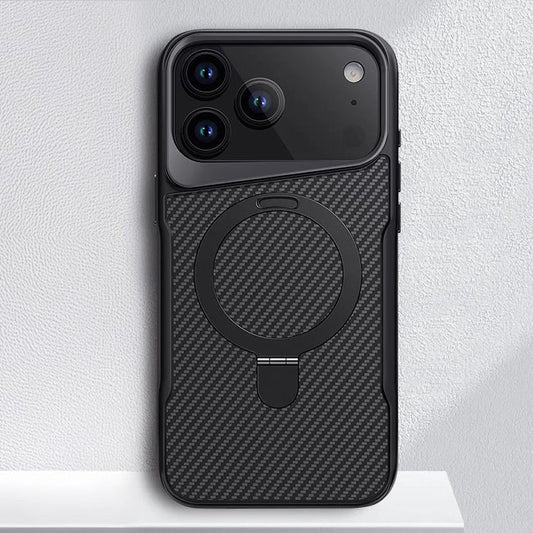 Black carbon-fiber texture case with ring stand on a triple-camera iPhone