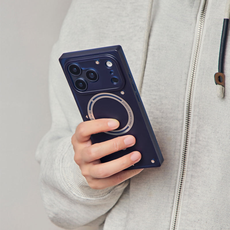 Person holding blue square MagSafe iPhone case