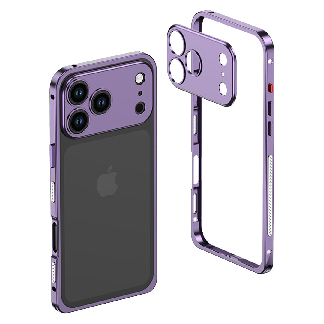 Purple metal bumper on a triple-camera iPhone with the empty frame beside it