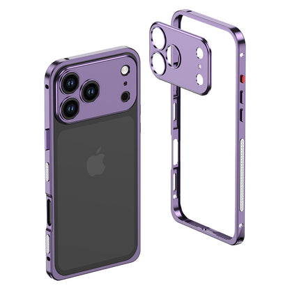 Purple metal bumper on a triple-camera iPhone with the empty frame beside it