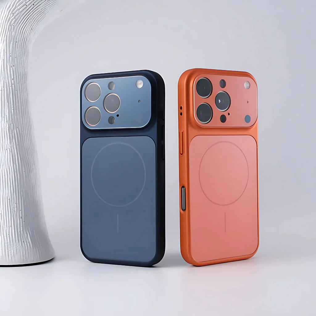 Blue and orange slim matte iPhone cases side by side