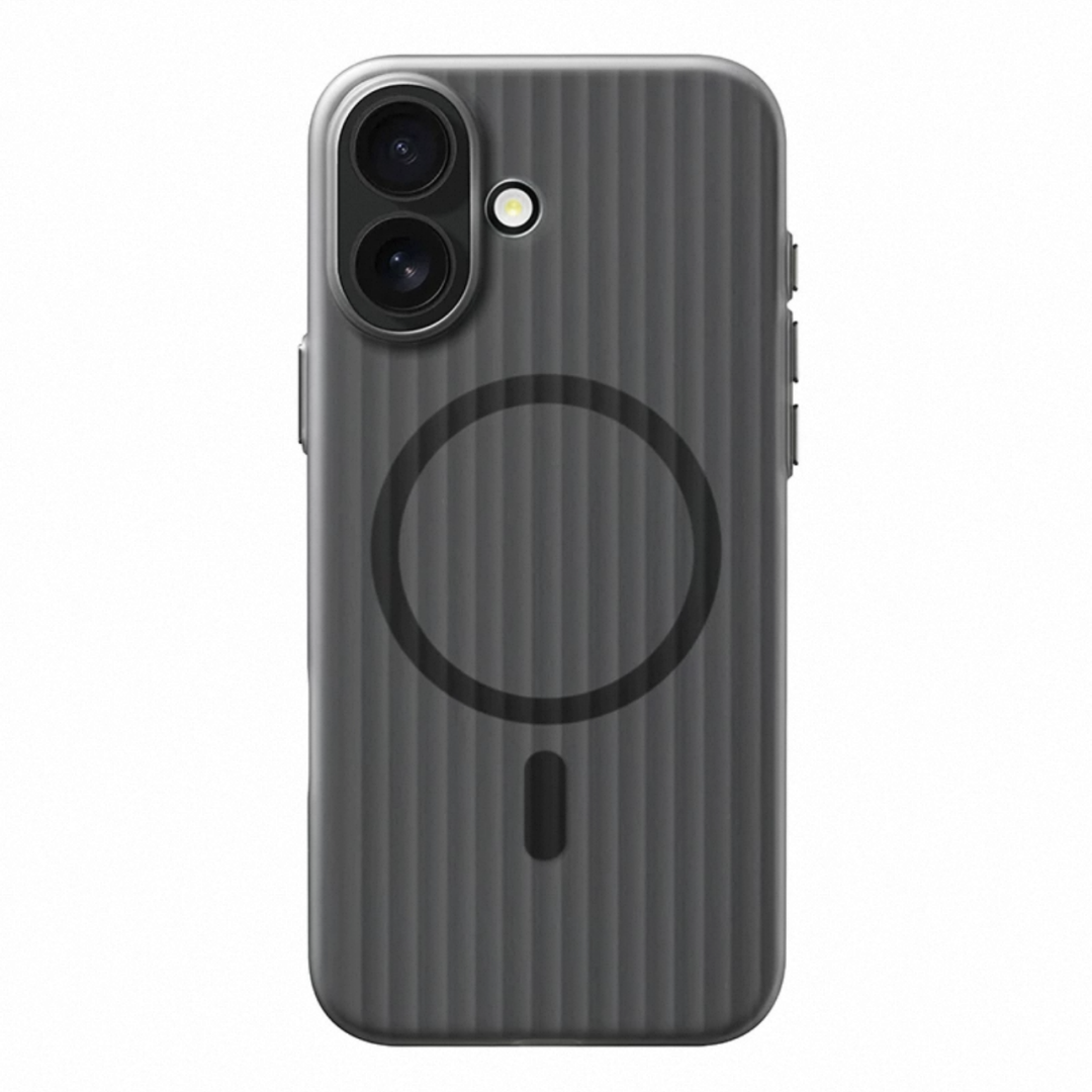 Black ribbed frosted iPhone case for a dual-camera model