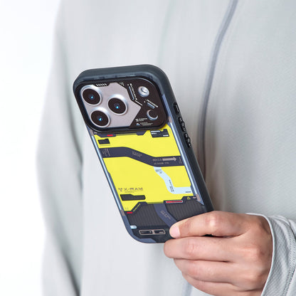 Person in a gray hoodie holding the tactical map iPhone case