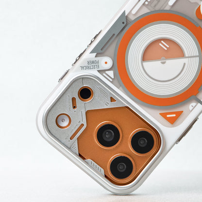 Close-up of the white and orange case camera area
