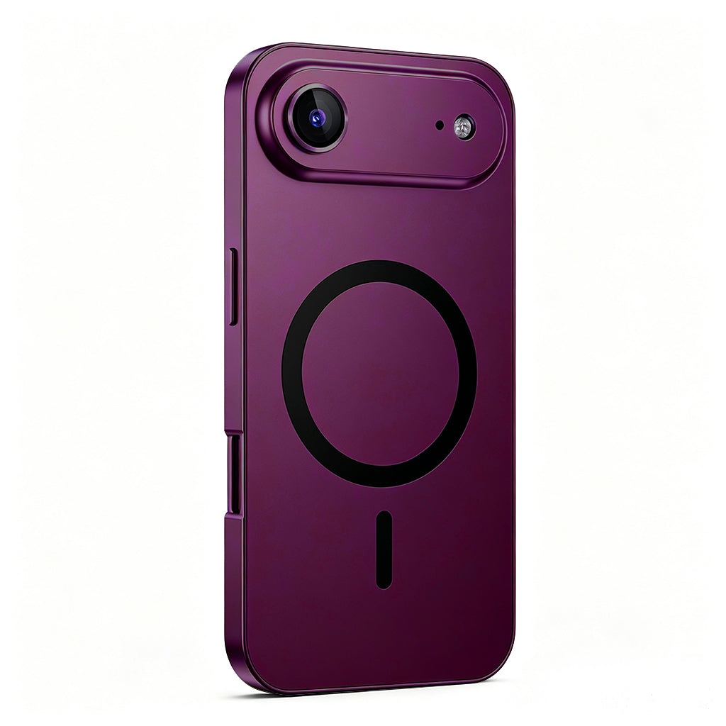 Burgundy metal MagSafe case on a single-camera iPhone 17 Air