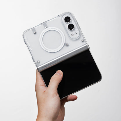 Hand holding an unfolded iPhone Duo in the Transparent White case