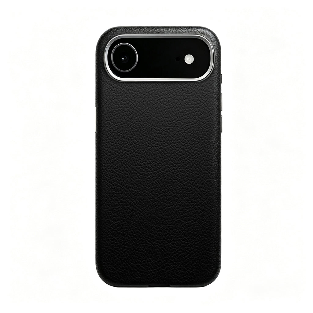 Black leather case on a single-camera iPhone 17 Air