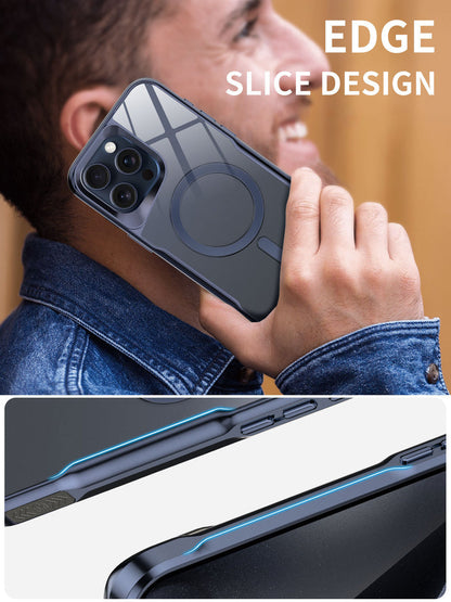 Man on a call with a blue-frame clear iPhone case, with edge close-up