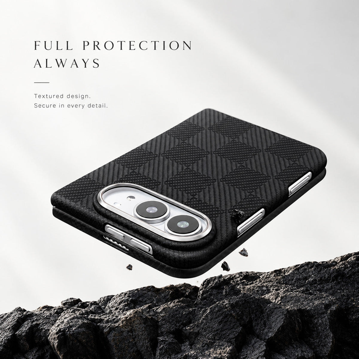 Black checkerboard aramid fiber iPhone Duo case on dark rock