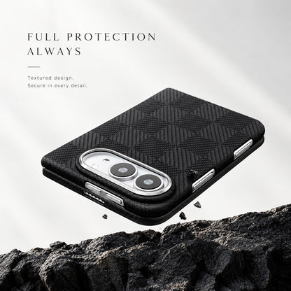Black checkerboard aramid fiber iPhone Duo case on dark rock