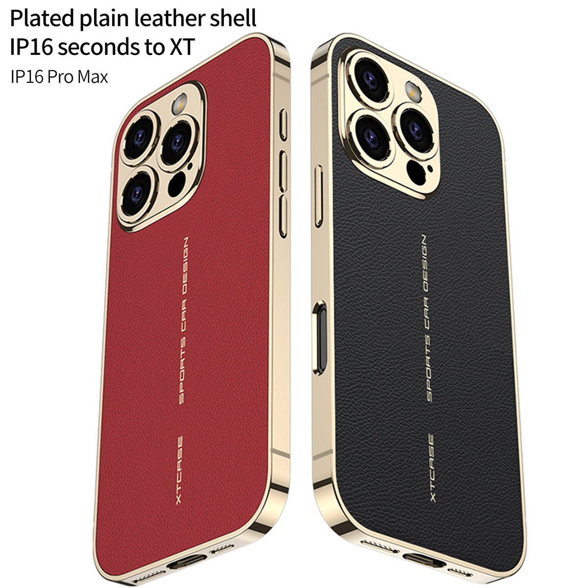 Red and black leather-look iPhone cases with gold-tone edges side by side