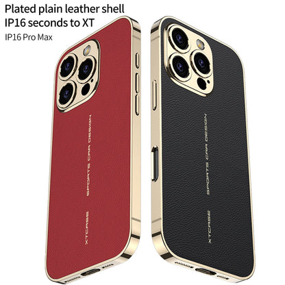 Red and black leather-look iPhone cases with gold-tone edges side by side