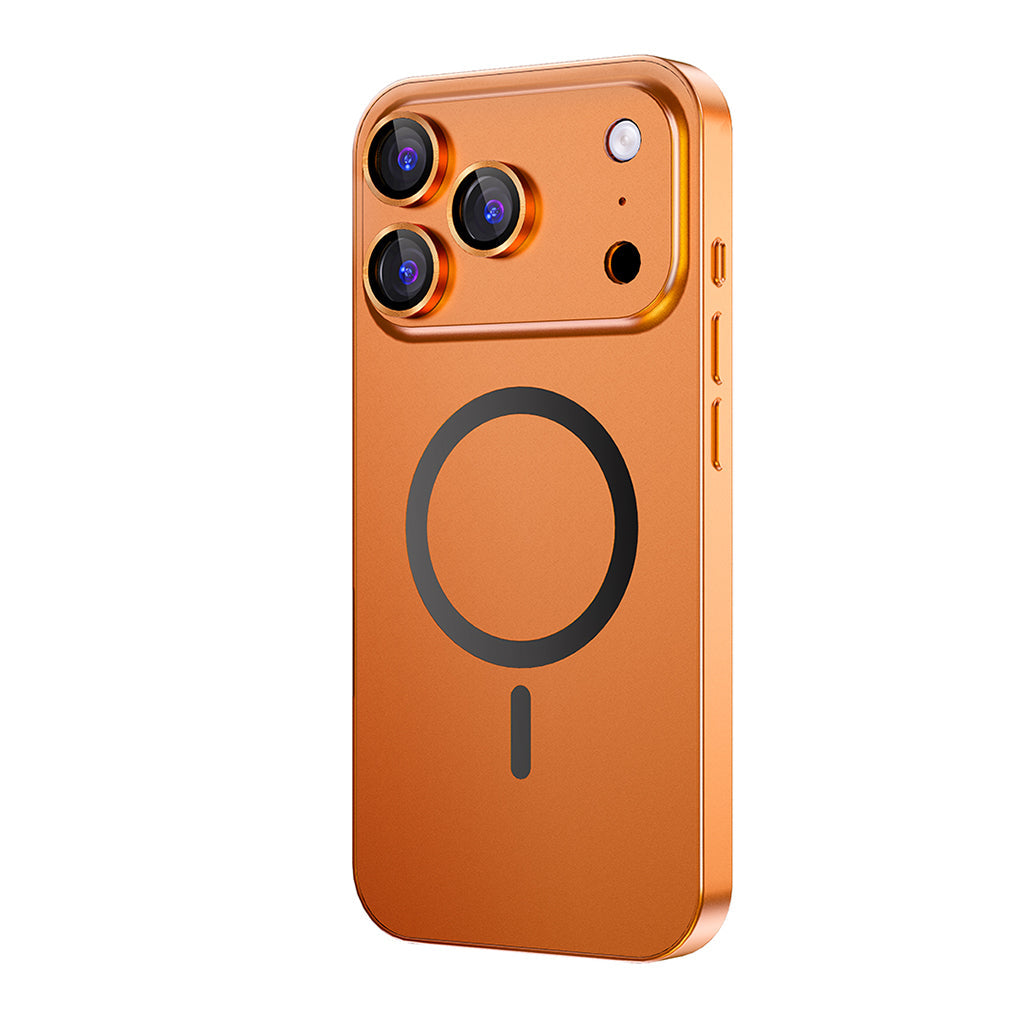 Orange metal MagSafe case, angled view of the raised camera area