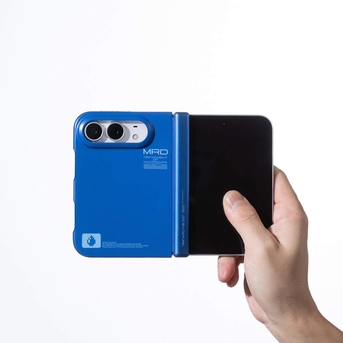 Unfolded iPhone Duo in the matte blue case held in one hand