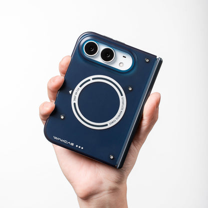 Hand holding the Transparent Blue case showing the magnetic ring and screw accents