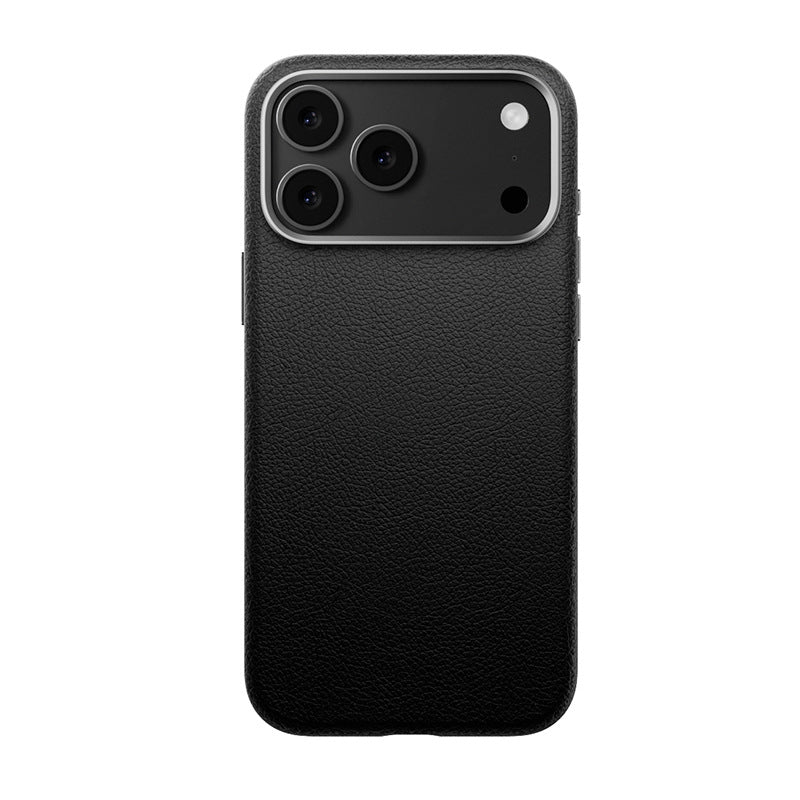 Black genuine leather MagSafe case on a triple-camera iPhone