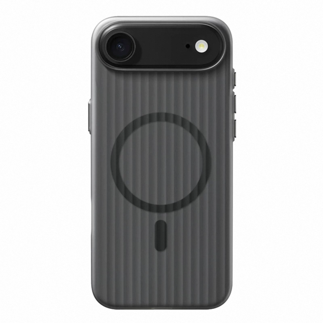 Black striped iPhone case for a single-camera model with pill-shaped camera bar