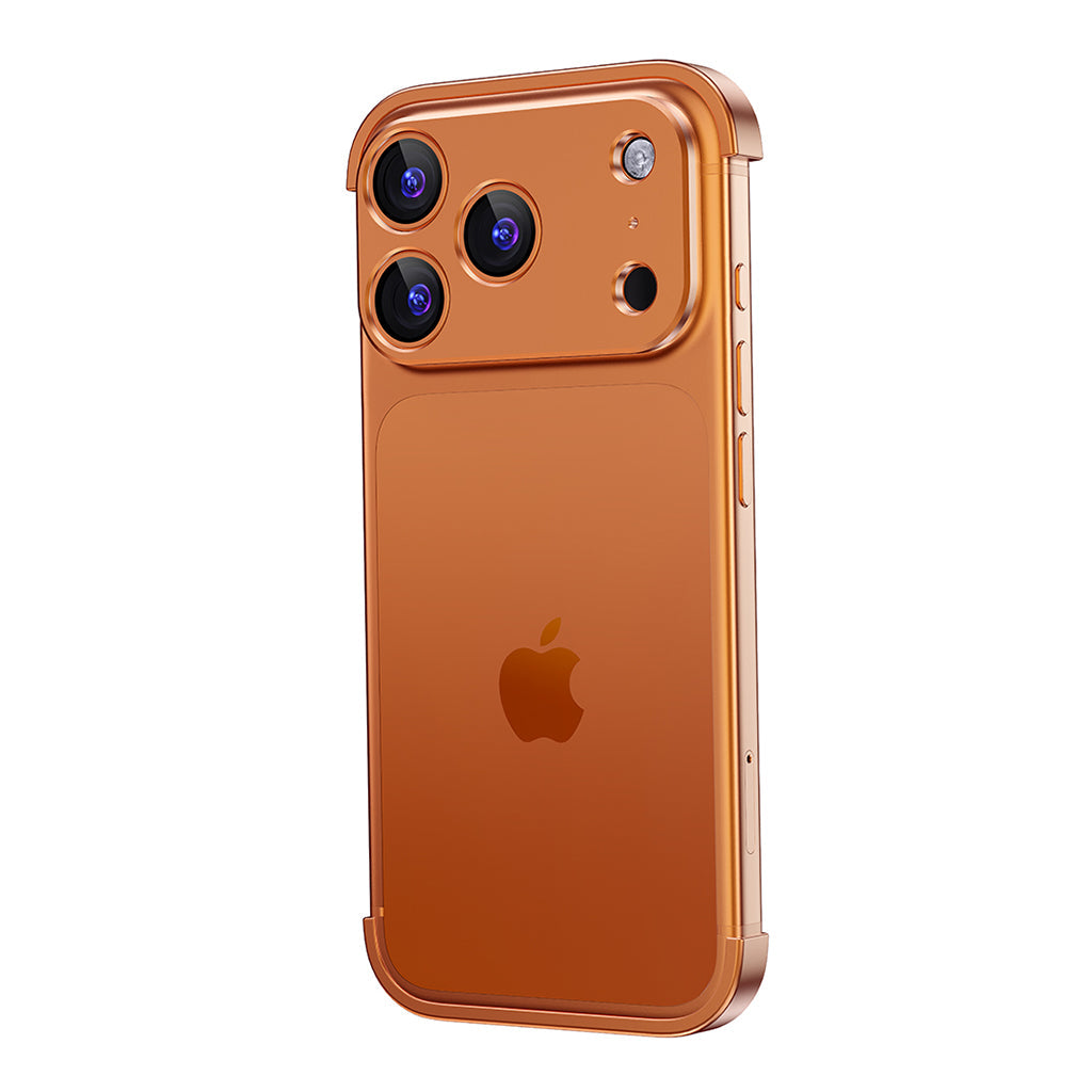 Orange aluminum bumper seen from a low angle on a triple-camera iPhone