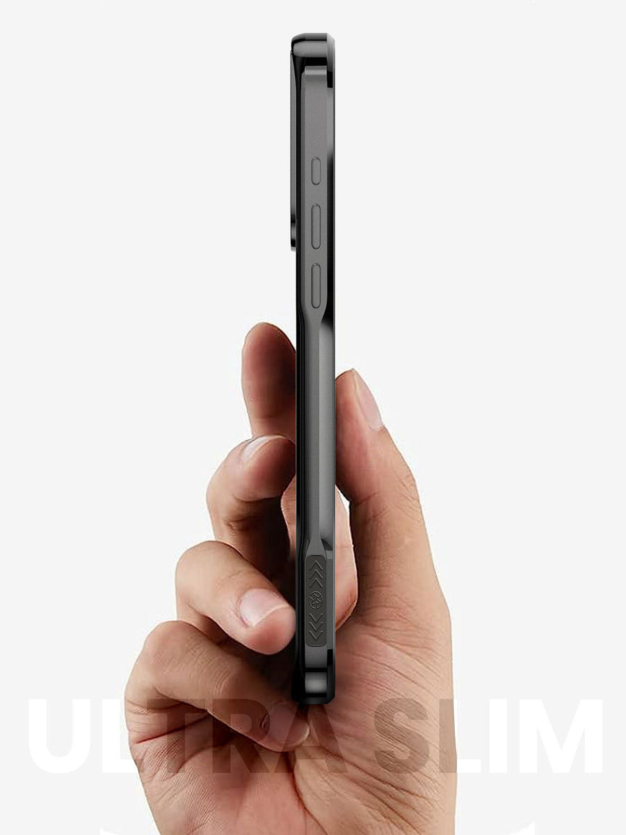 Hand holding a slim black-frame clear iPhone case in side profile