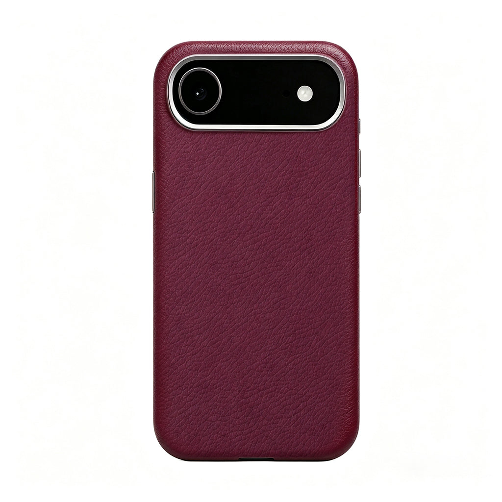 Cherry Red leather case on a single-camera iPhone 17 Air