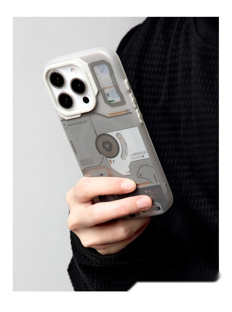 Hand holding the frosted gray retro player case