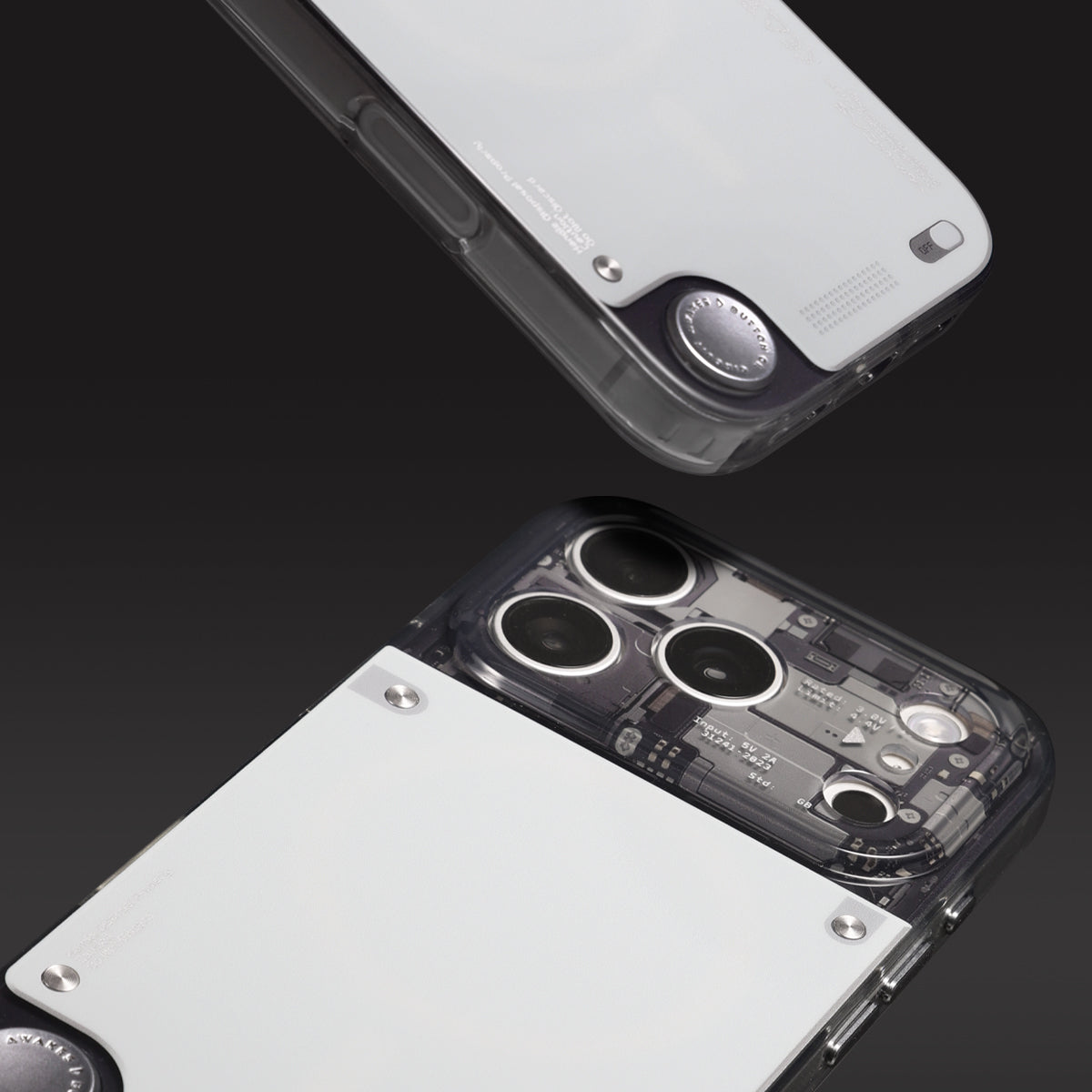 Close-up of glossy back panel and camera area of see-through case