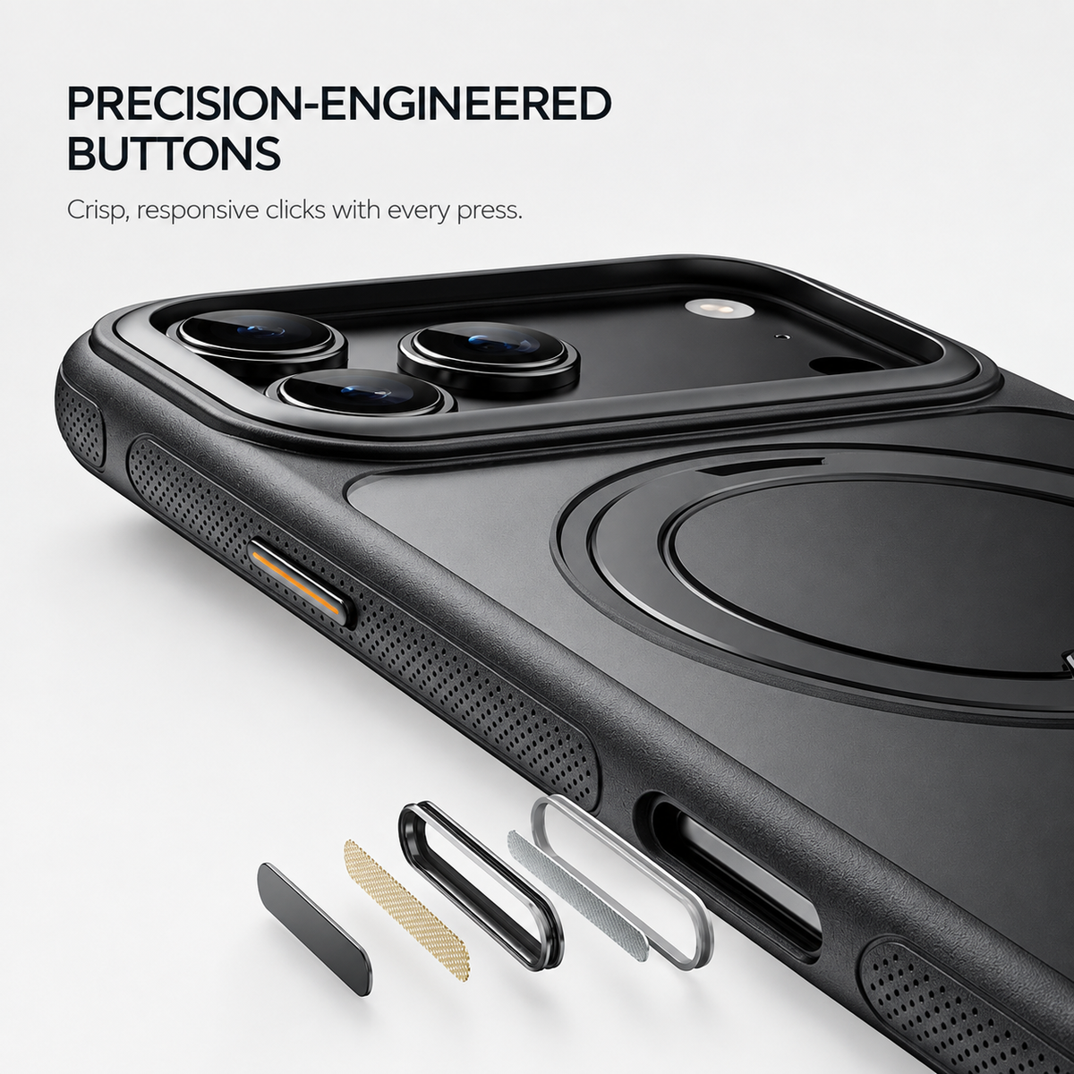 Close-up of the precision buttons on a black case with button parts shown