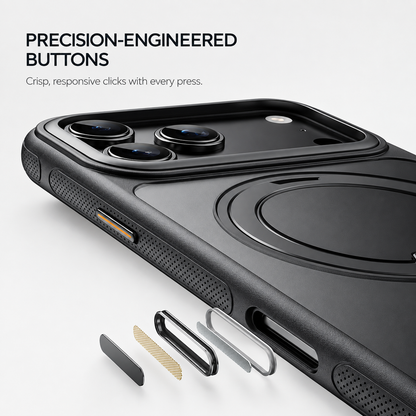 Close-up of the precision buttons on a black case with button parts shown
