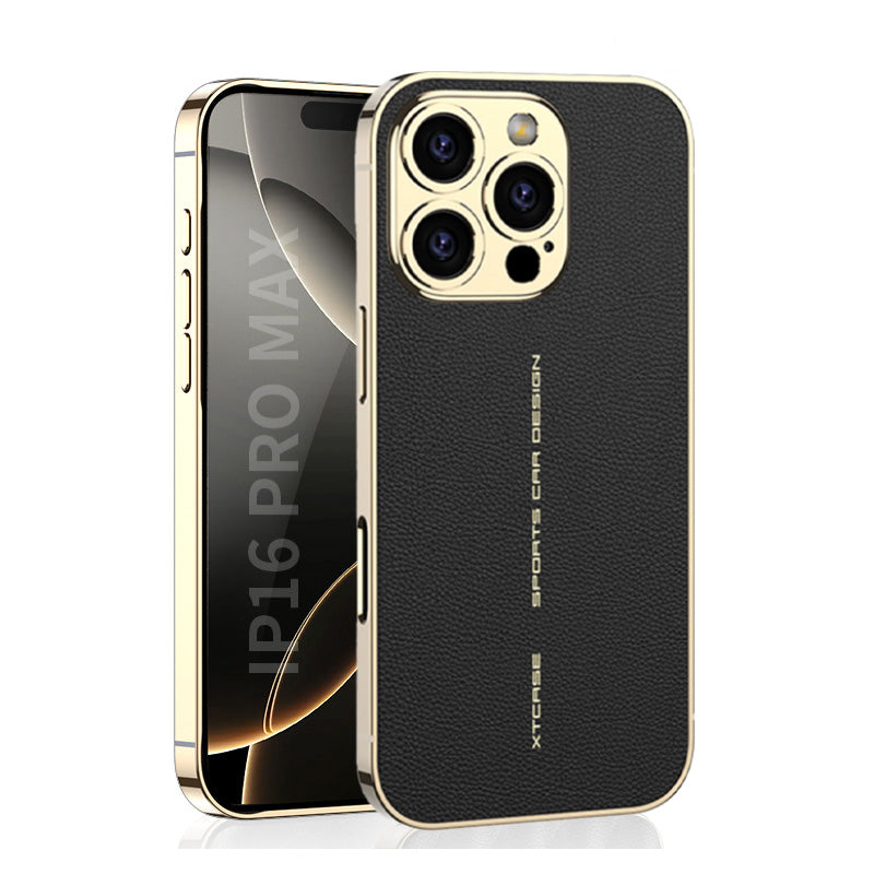 Black leather-look iPhone case with gold-tone lens rings, shown with the phone screen