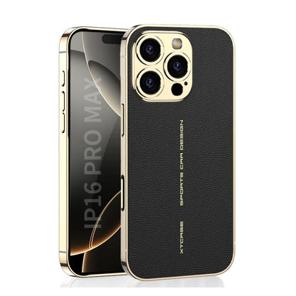 Black leather-look iPhone case with gold-tone lens rings, shown with the phone screen