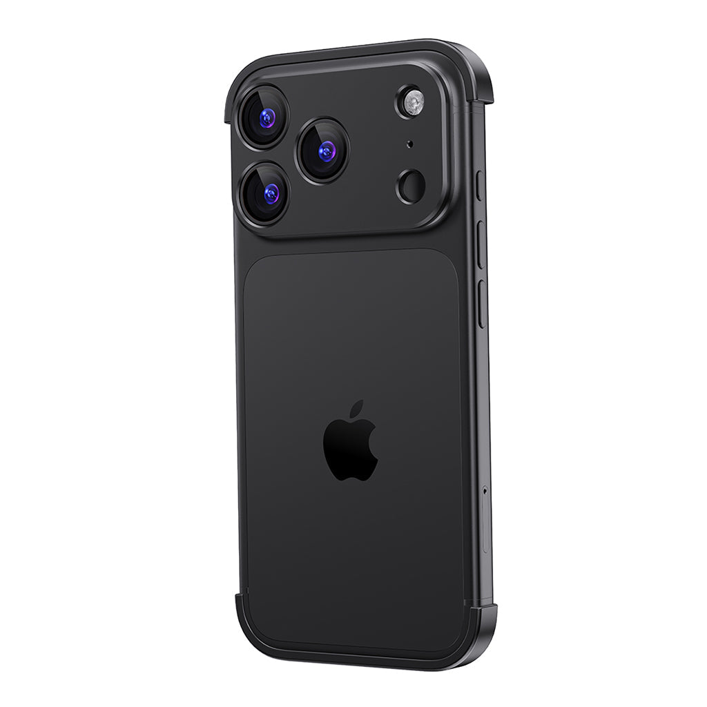 Black aluminum bumper on a triple-camera iPhone from a straight-on angle