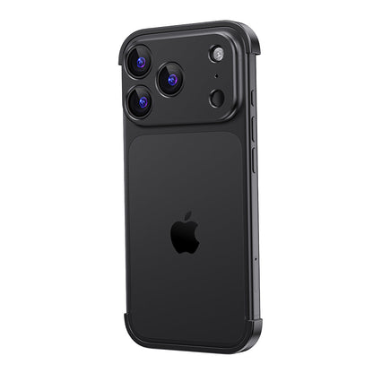 Black aluminum bumper on a triple-camera iPhone from a straight-on angle