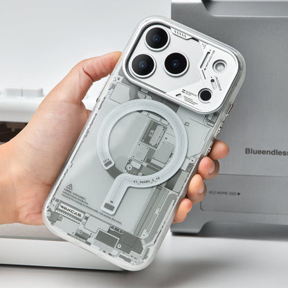 Hand holding the grey circuit board case, back view with camera cutouts
