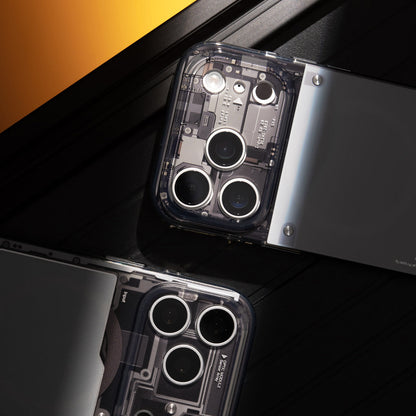 Overhead view of camera section on gloss see-through iPhone cases