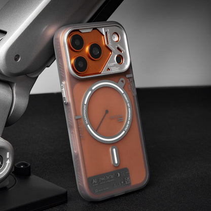 Orange-tinted frosted case leaning on a dark monitor arm
