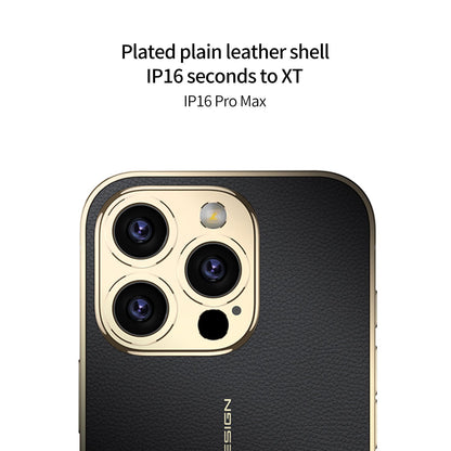 Close-up of the gold-tone camera frame and lens rings on the black leather-look case