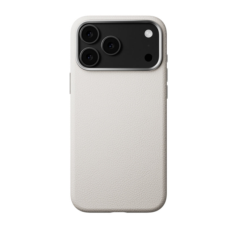 Off-white leather case on a triple-camera iPhone