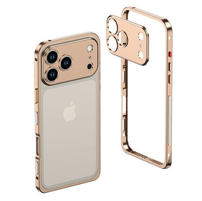 Desert Gold metal bumper on a triple-camera iPhone