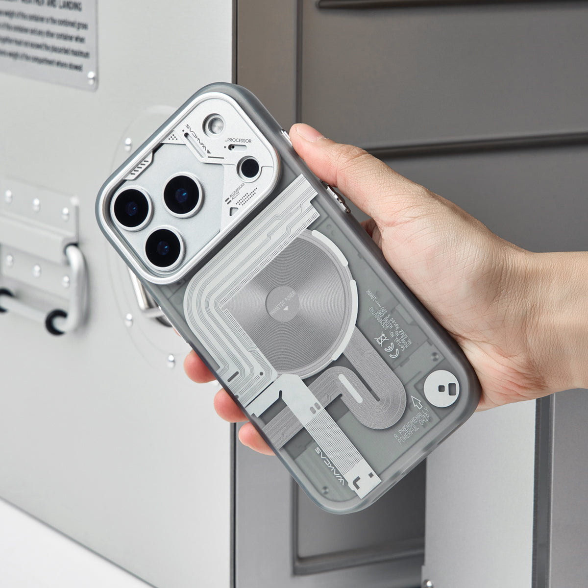 Hand holding the frosted case, angled back view