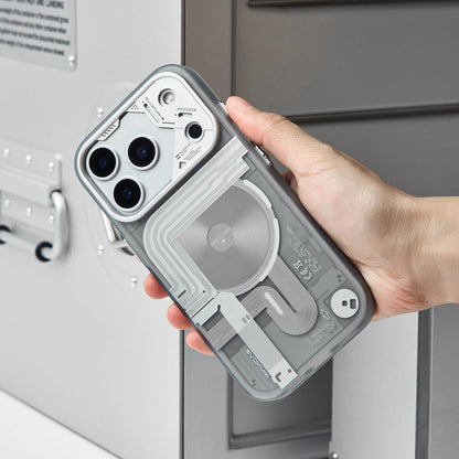 Hand holding the frosted case, angled back view