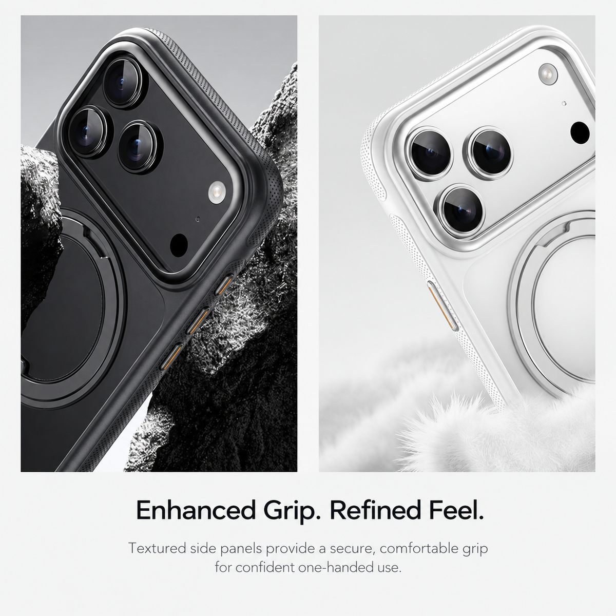 Black and white cases showing the textured side grip panels