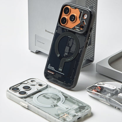 Black and grey circuit board cases styled with desktop computer props